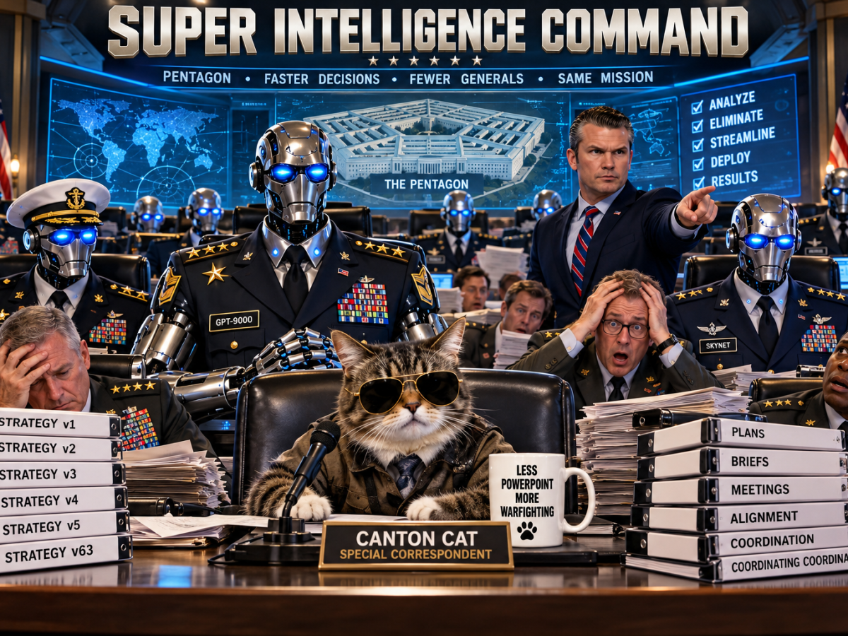 Hegseth Cuts Generals, Pentagon Quietly Replaces Them With Super Intelligence Bots That Already Finished World War III Before Lunch